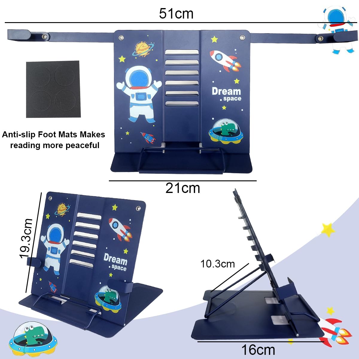 Garegce Book Stand Folding with Page Paper Clips, Cute Astronaut Book Holder, Cookbook Stands 6-Position Adjustable Height for Reading