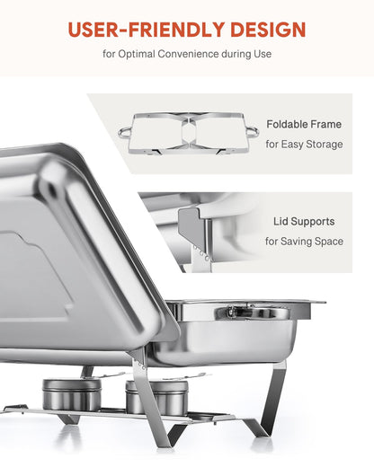 WILPREP Chafing Dish Buffet Set of 2, Rectangle Stainless Steel Food Warmer Kit with Lids Food Pans Bain Maries and Fuel Holders, 9L Buffet Serving
