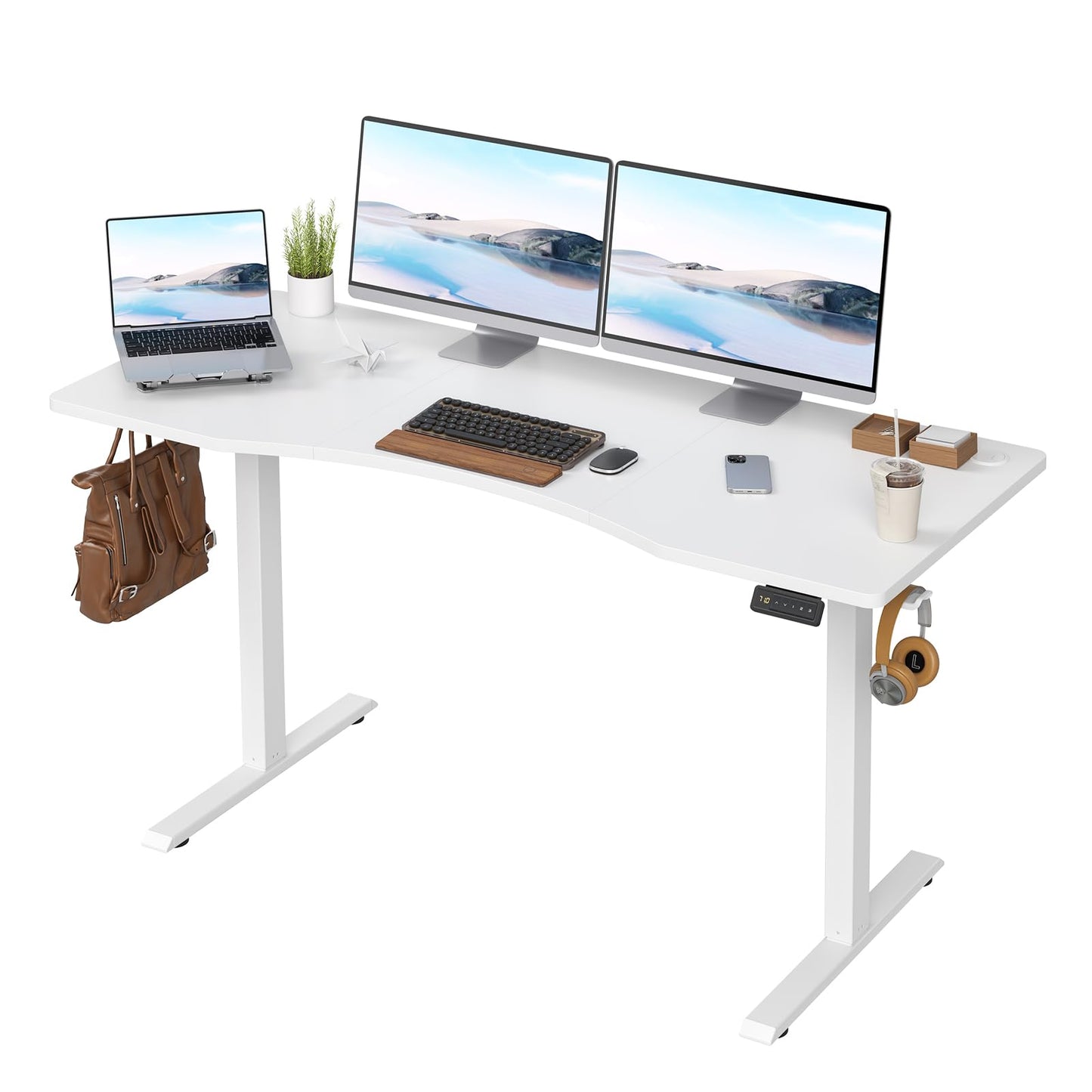 Farini U-Shaped Ergonomic Electric Standing Desk, 140x60cm, Height Adjustable Sit to Stand Desk with Memory Keypad & Headphone Hook for Home and