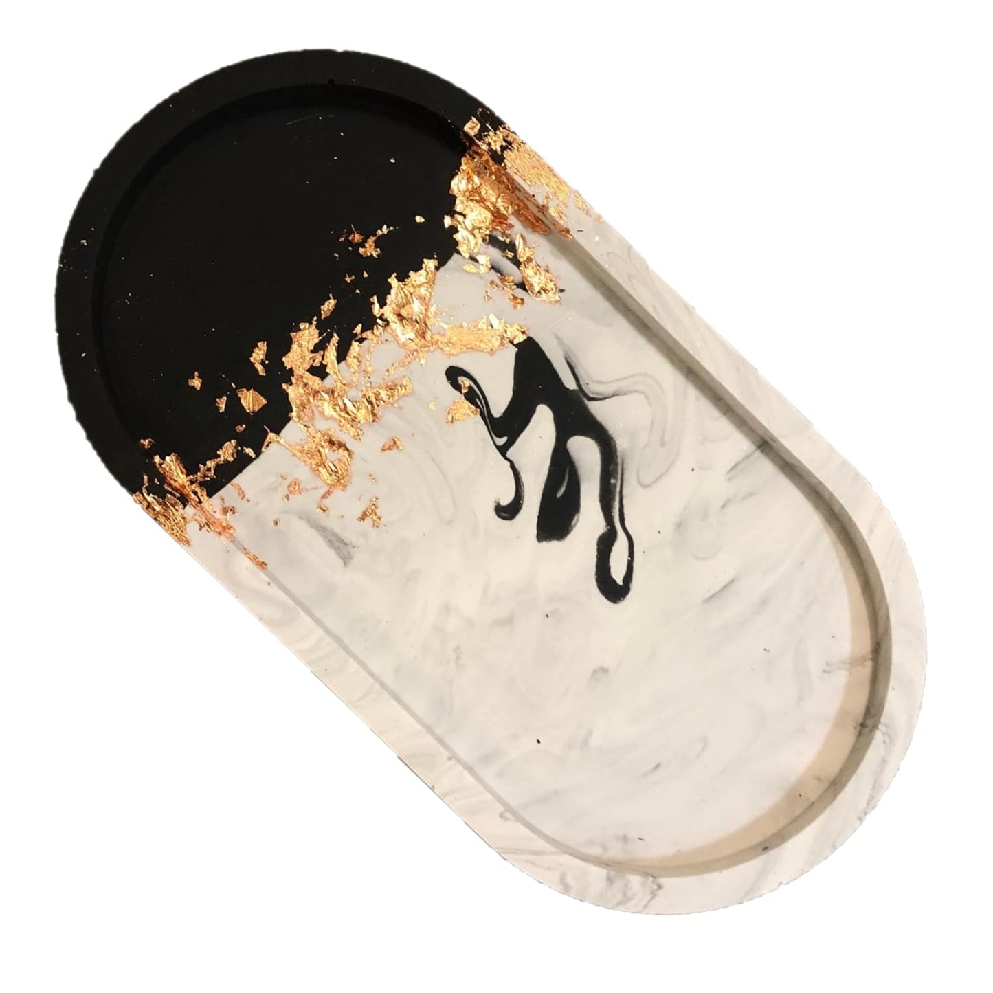 Handmade Jesmonite Oval Vanity Tray - Grey Marble Effect with Gold/Copper/Silver Leaf Detail | Decorative | Jewellery | Trinket