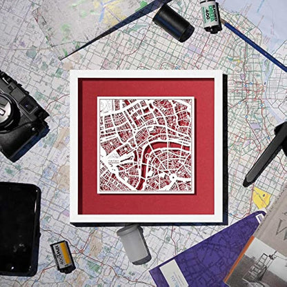 O3 DESIGN STUDIO Sheffield Paper Cut Map framed, White map, White frame, 23x23 cm, Gift Boxed, 4 background color, self-changing, Paper Art
