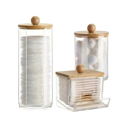 3Pcs Cotton Pad Holder,Cotton Wool Bud/Swab/Ball Holder,with Bamboo Lid,Bathroom Qtip Dispenser Jars Canisters Holders for Vanity Cotton Ball Qtips