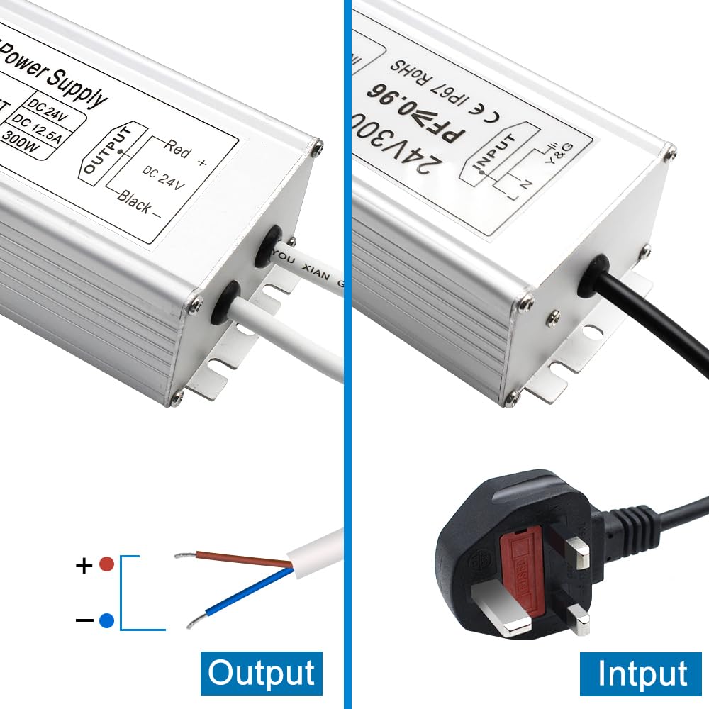 inShareplus LED Power Supply, 24V 300W IP67 Waterproof Outdoor Driver, AC 90-265V to DC 24V 12.5A Low Voltage Transformer, Adapter with 3-Prong Plug