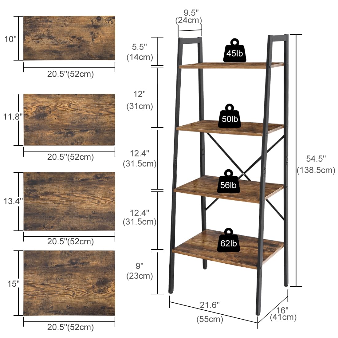 H JINHUI 4-Tier Ladder Shelf, Bookshelf, Living Room Bookcases, Plant Stand, Industrial Style Vintage Storage Shelves for Living Room, Home Office