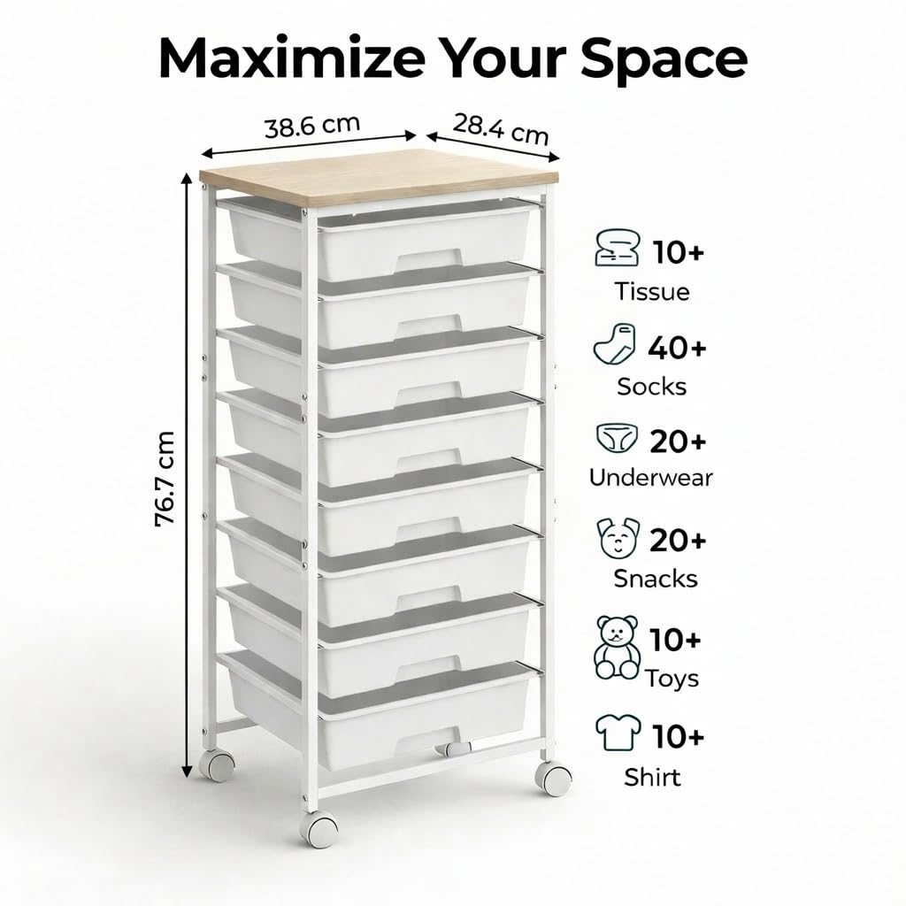 8 Drawer Rolling Storage Trolley with Wooden Worktop, Plastic Drawer Organiser Cart on Wheels with Lockable Silent Castors & Anti-Fall Latch