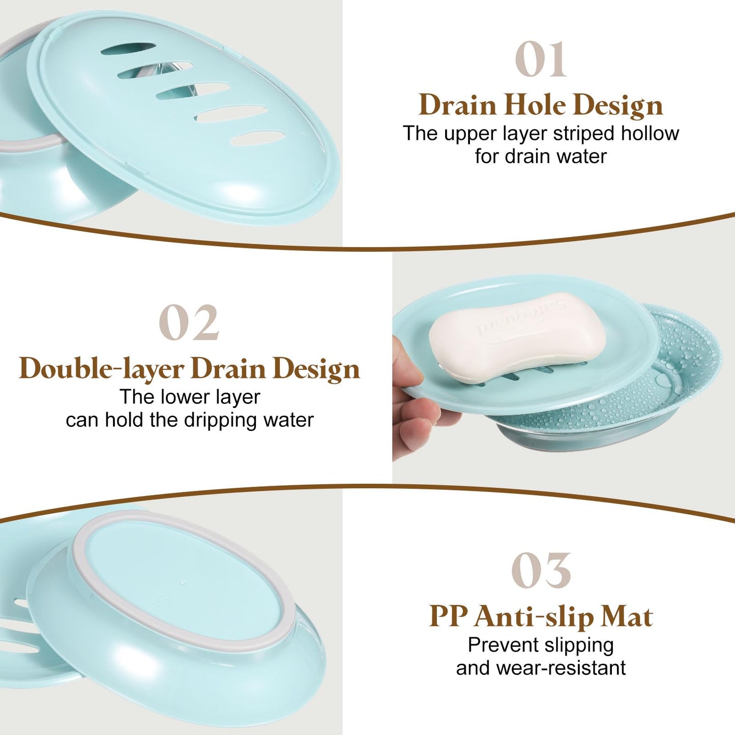 sourcing map Soap Container, 2Pcs 15.5x11cm Plastic Soap Dish with Drain, Removable Double Compartment Soap Holder for Bathroom, Shower, Kitchen