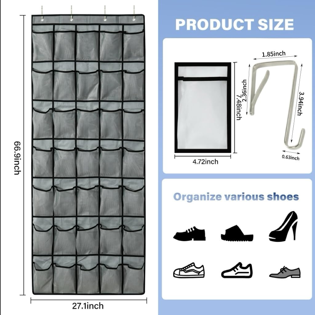 35-Pocket Over The Door Shoe Organizer - Mesh Pockets Shoe Holder Rack With 4 Metal Hooks