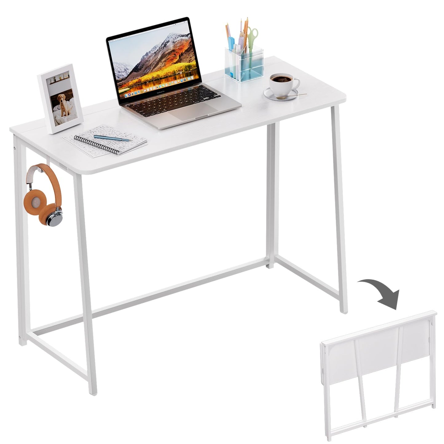 WOHOMO Folding Desk, 100cm Small Writing Desk, White