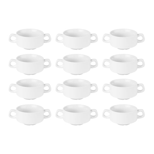 Olympia Athena Hotelware Stacking White Handled Soup Bowls 290ml / 10 1/4 ounce, Pack of 12, Diameter: 107mm / 4 1/4 inch, Chip Resistant Porcelain,