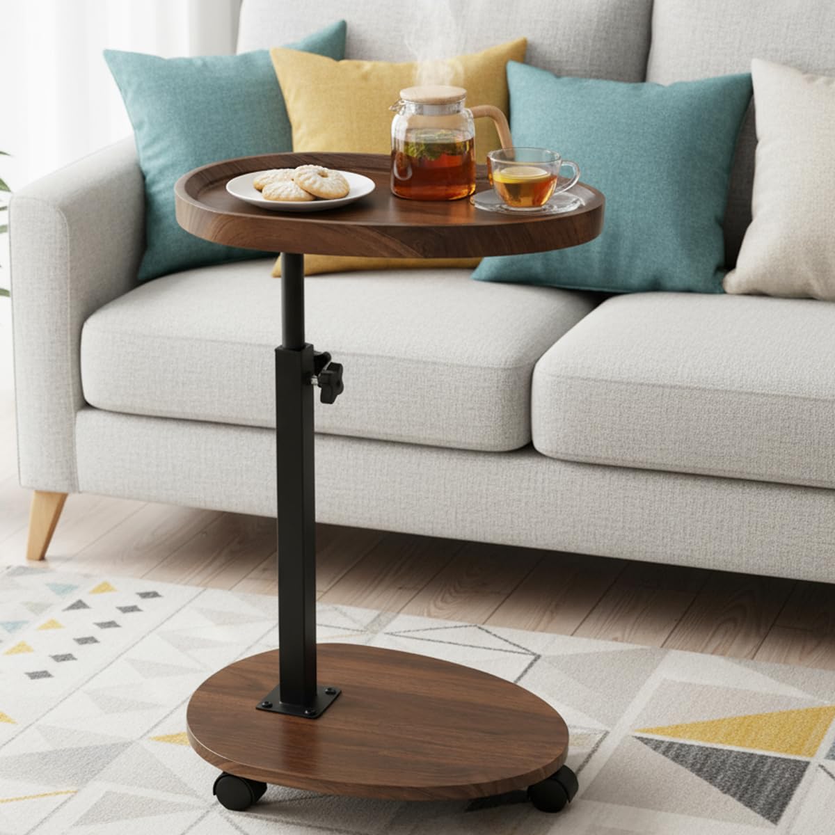 Kiss Me C Shaped Side Table Height Adjustable With Wheels For Sofa Bedroom
