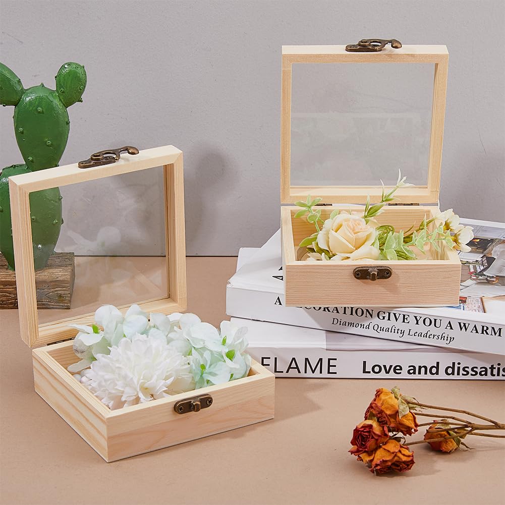 DICOSMETIC 2pcs Wooden Box with Glass Lid Small Wooden Box with Clear Lid Unfinished Wood Gift Boxes with Metal Clasp for Jewelry Storage Gift