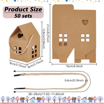 BENECREAT 50 Pack House Gift Boxes with Rope Handle, 3x3x5 Inch/ 8x8x12.8cm Brown Paper Folding Gift Box for Wedding Party Favors