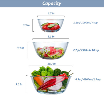 WhiteRhino Glass Mixing Bowls with Lids Set of 3, Large Kitchen Salad Bowls, Space-Saving Nesting Bowls, Round Glass Serving Bowls for
