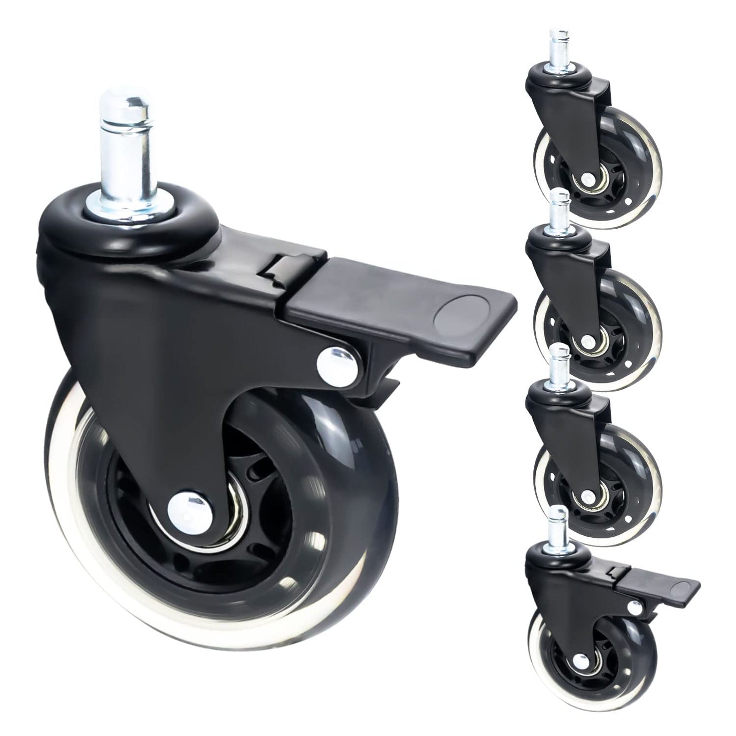 HMF 5-Pack Hard Floor Swivel Castors with Brake | 11 mm, Polyurethane, 75 mm, Black
