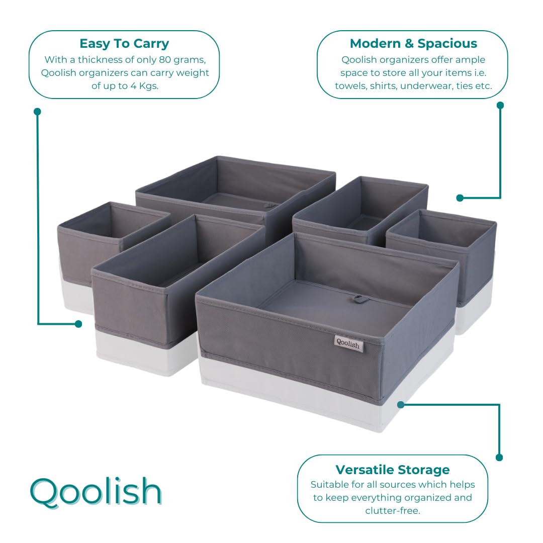 Qoolish Grey Drawer Organiser Set of 6 Sturdy Draw Organizer to sort Your bedroom