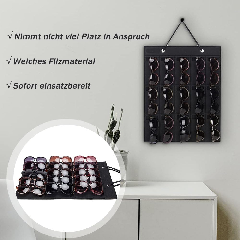 QIUSUIG Multiple Glasses Storage, Hanging Sunglasses Organise, Glasses Storage, 15 Compartments Hanging Sunglasses Organiser, Glasses Holder Wall