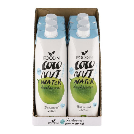 Foodin Organic Coconut Water - 100% Natural Coconut Water with Electrolytes - Gluten Free, Low Calorie, Fat Free, Vegan - Pack of 6 (6 x 1000 ml)