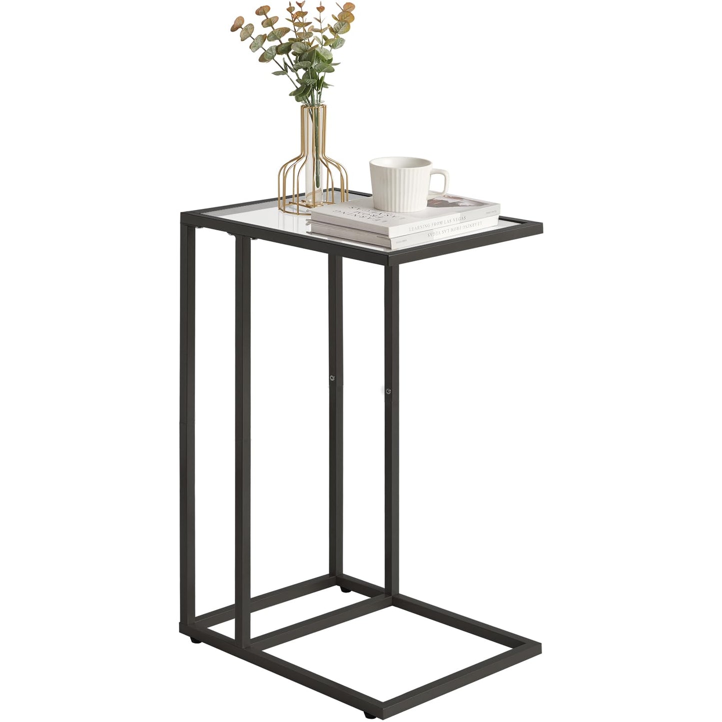 YMYNY C Shaped End Table, Tempered Glass Snack Side Table for Small Space with Metal Frame, Narrow Couch Table, for Living Room, Bedroom