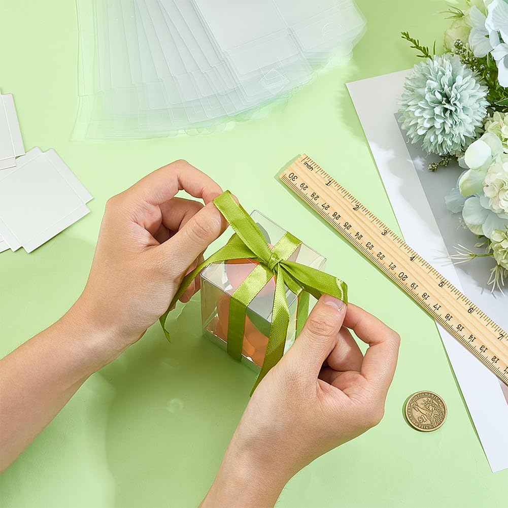 BENECREAT 30 Pcs Clear Gift Boxes, 2x2x4 Inch/5x5x10cm Folding PVC Favor Boxes with Silver Paper Card Base for Wedding Birthday Party Festival Gift