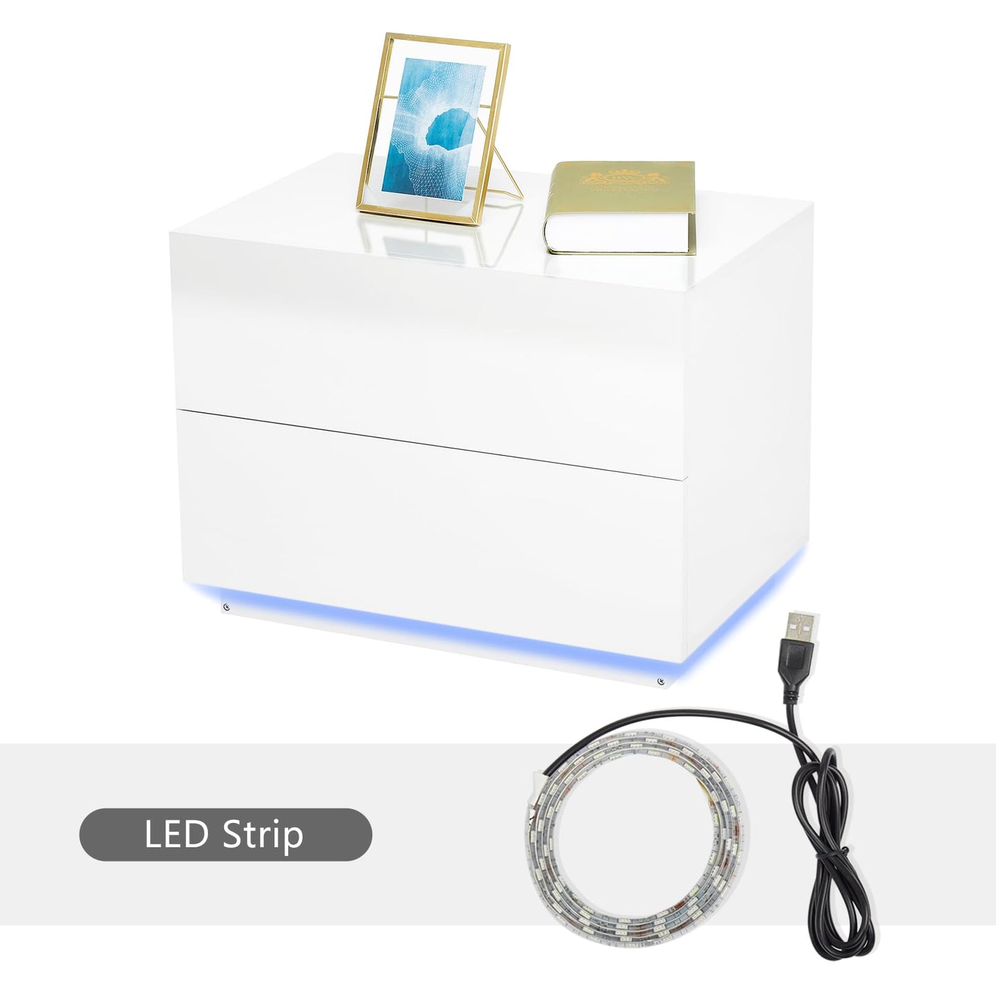 Meerveil Bedside Table, LED Bedside Cabinet with 2 Drawers High Gloss with USB Light 60x39x45cm for Bedroom Living Room, White