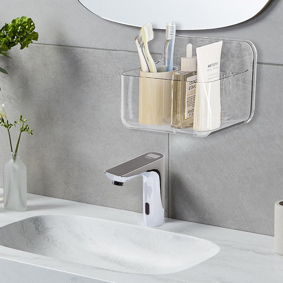 SenaiMy 2 Pack Bathroom Shelf, No Drill Suction Shelf, Shower Organiser, Clear Caddy, Self Adhesive Shelves for Family