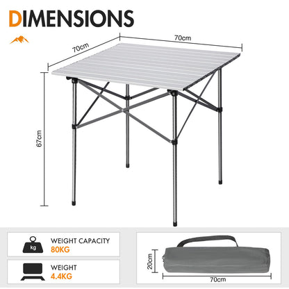 Portal Aluminium Folding Camping Table Square Roll Up Top 4 Person Compact Garden Table with Carry Bag for Picnic Camp Backyard BBQ, Silver