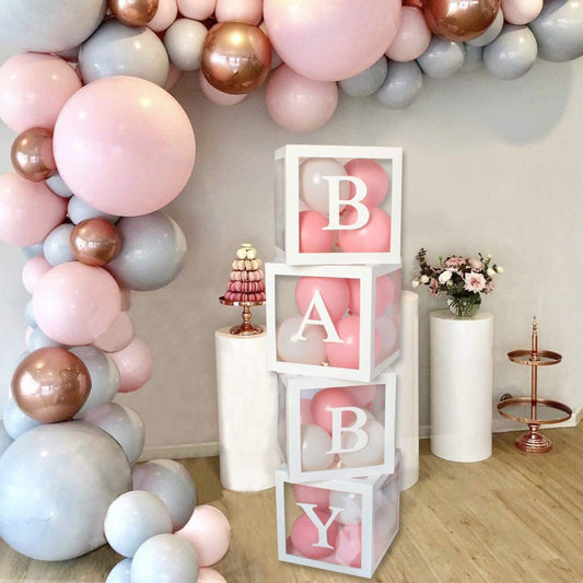 Baby Shower Decorations Box - 4Pcs White Transparent Square Boxes with ?BABY? Letters, Baby Balloon Boxes for Boy Girl Baby Shower Party Supplies,