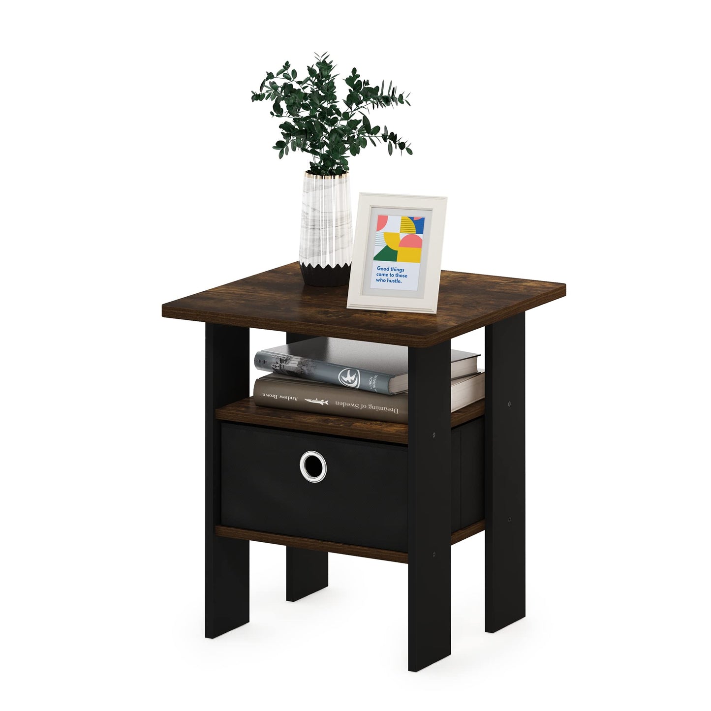 Furinno ANDREY Side Table, End Table, Night Stand with Open Shelves and Storage Bin, Bedside Table, for Living Room, Bedroom, Amber Pine