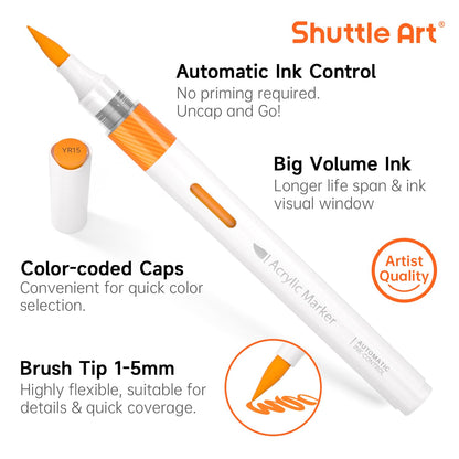 Shuttle Art Automatic Ink Control Acrylic Paint Pens, 60 Colours Brush Tip Paint Marker Pens, Paint Pen for Rock Painting Ceramic, Wood, Fabric,