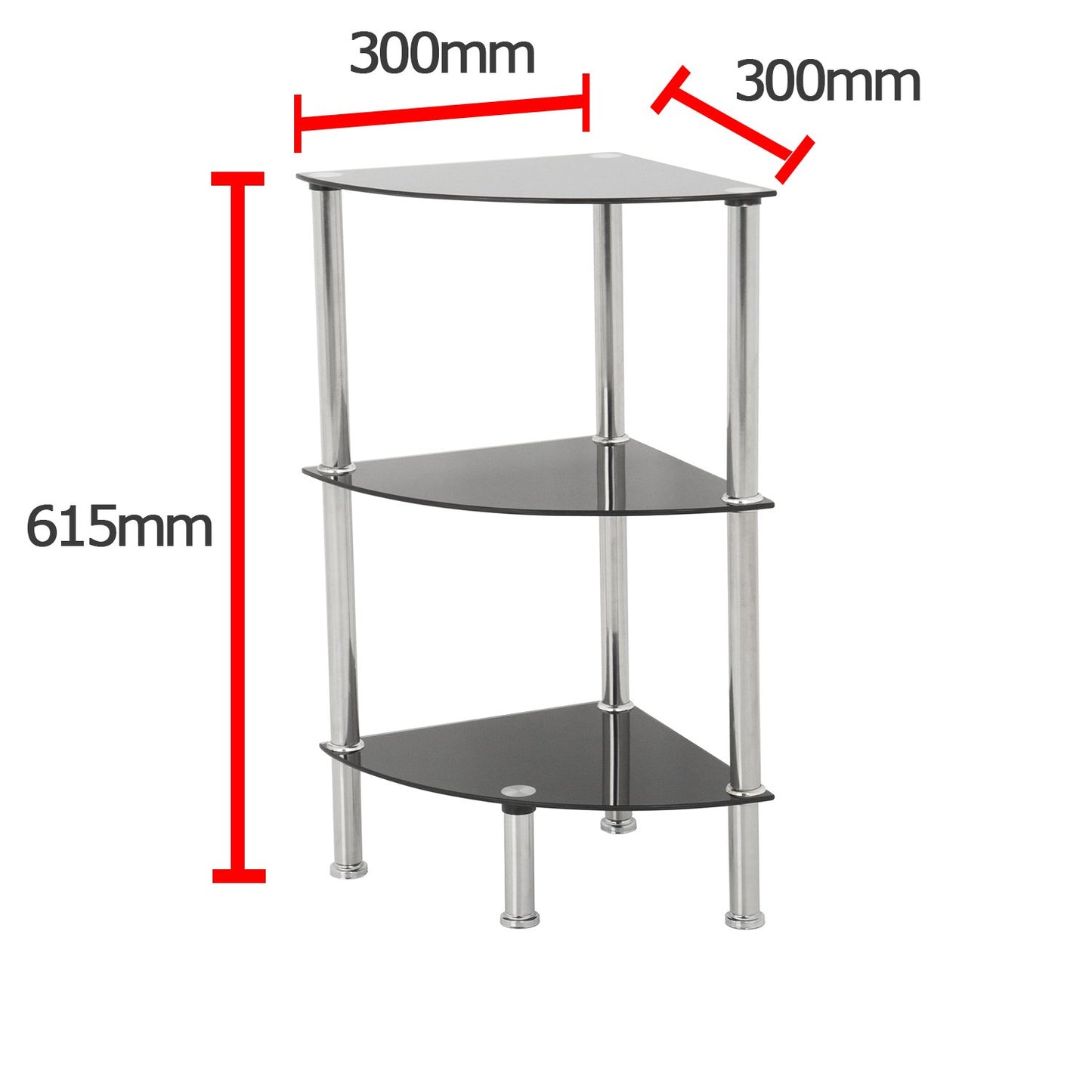 MAHARA 3 Tier Chrome Effect Black Corner Glass Shelving Unit - Tempered Safety Glass Shelves Max 5kg - Storage Unit W41cm x D30cm x H61.5cm