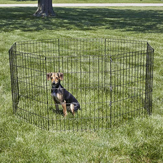 New World Folding Metal Dog Exercise Pen and Pet Playpen with No Door, Includes Grounding Stakes and Provides 1.5 Meters of Play Space, 76 cm Tall, Black E-Coated, B552-30