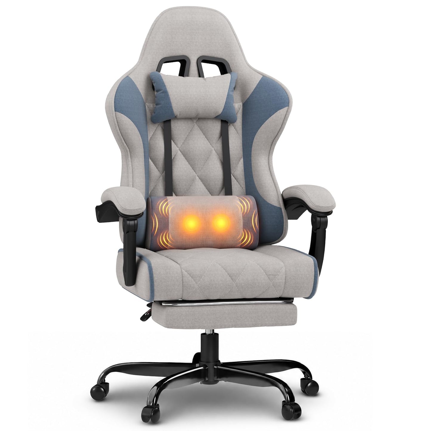 JUMMICO Fabric Gaming Chair with Footrest – Ergonomic Reclining Gamer Chair for Adults with Pocket Spring Cushion, Headrest & Massage Lumbar Support