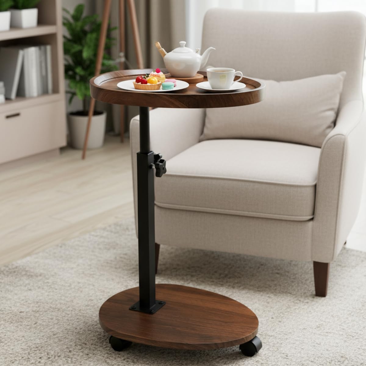Kiss Me C Shaped Side Table Height Adjustable With Wheels For Sofa Bedroom