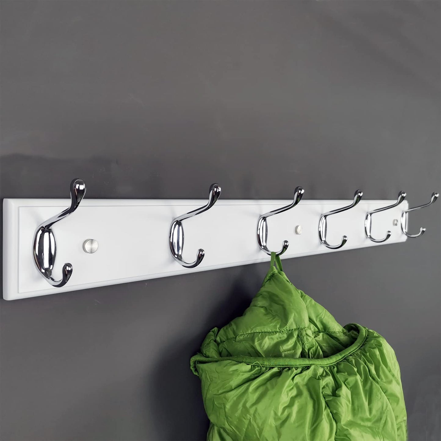 lomejii Long Wooden wall Mounted Coat Rack Wood White 6 Hooks, 70 cm, Sturdy Silver Coat Hook Rack for Clothes, Hats, Bags