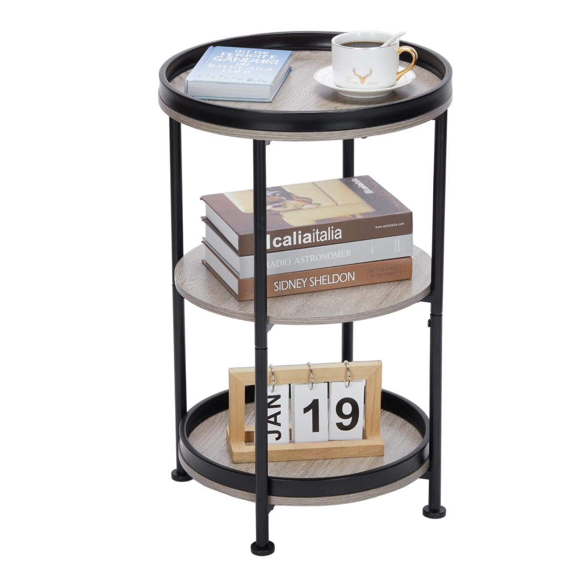 YEAKOO Industrial Nordic End Table, 3-Tier Round Side Table with Storage Shelf Edge Protection Tray