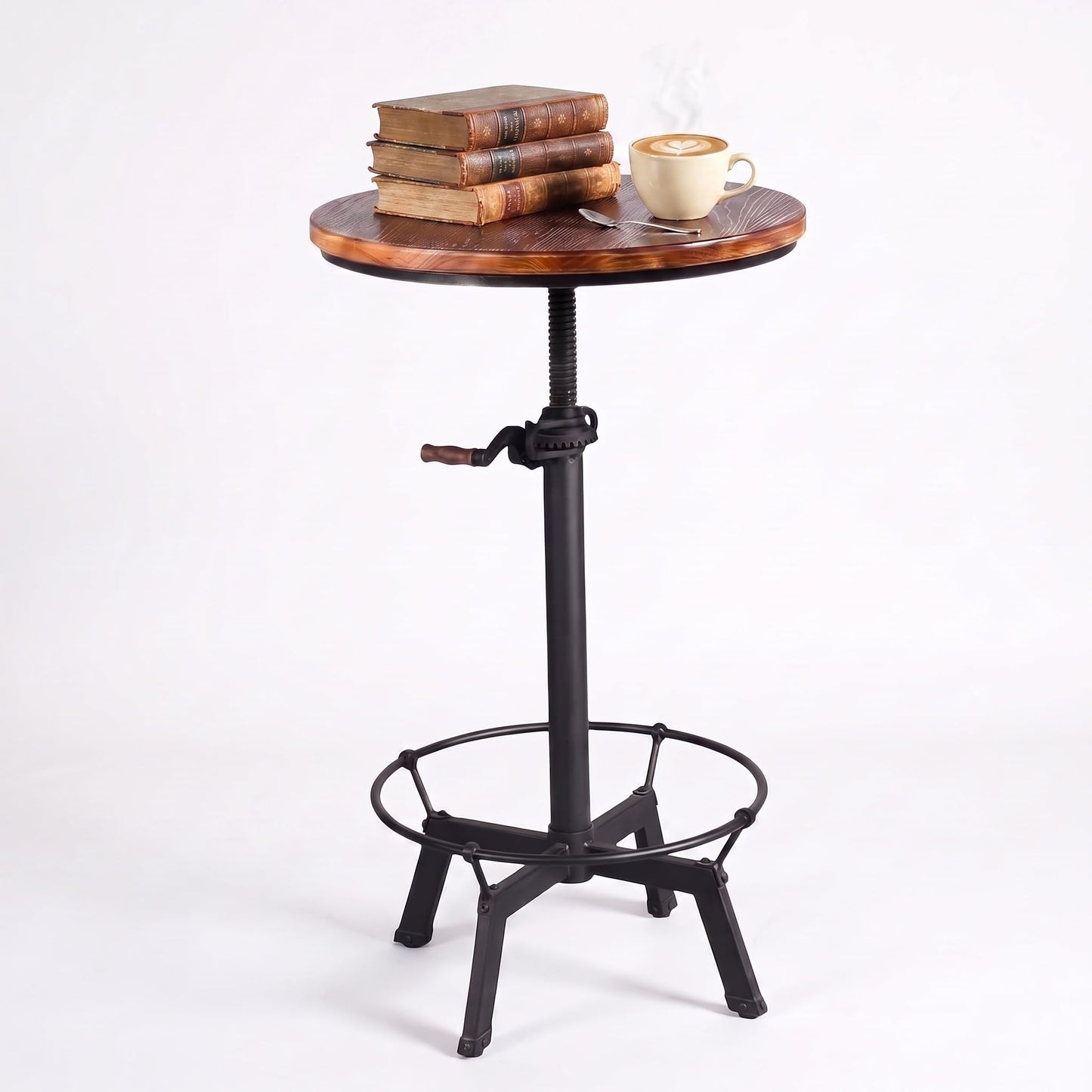 BOKKOLIK Industrial Bar Table 33.47-39.37inch Height Adjustable Swivel Wooden Top Vintage Breakfast Dining Table Farmhouse Cocktail Bistro Pub Table