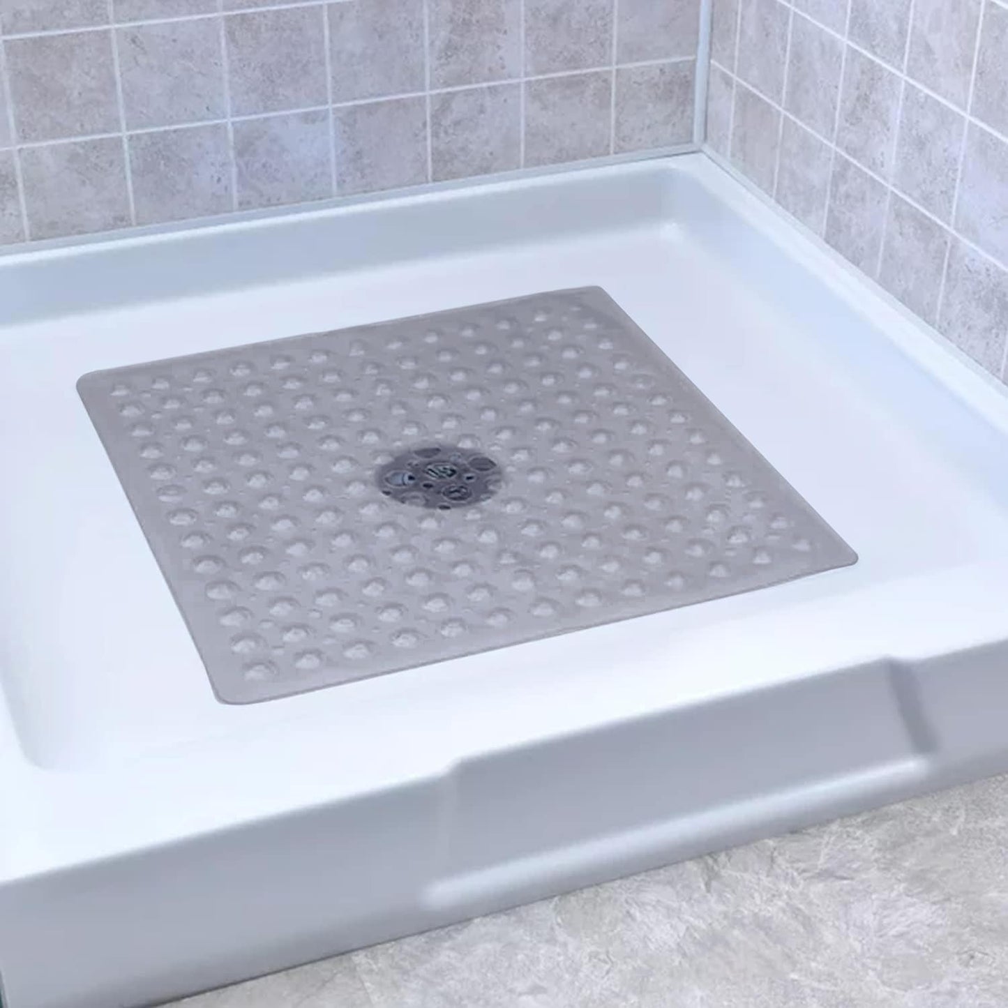 BedLooms Shower Mat Non Slip Anti Mould – Grey 53x53 cm Square Bath Mat for Bathroom & Bathtub with Strong Suction Cups Grip Bath Mats Easy Drain &