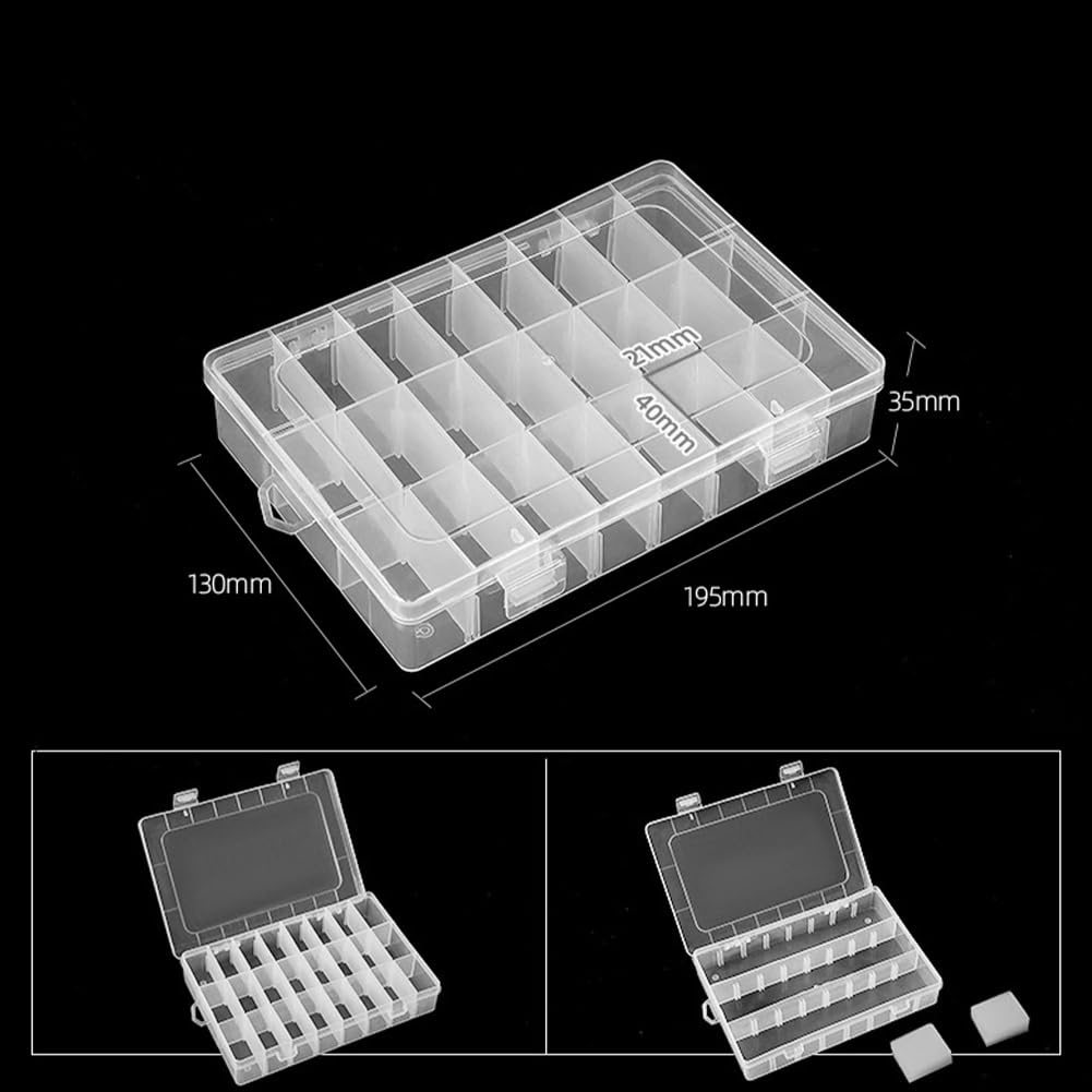 Faderr 24 Grids Plastic Compartment Box, Clear Craft Storage Box with Adjustable Compartments, Jewellery Organiser Divider Jewellery Box for Earrings