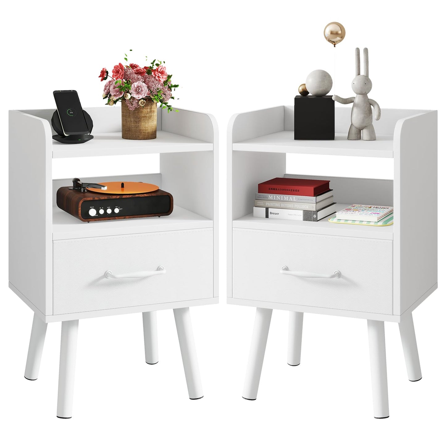 YMYNY Bedside Table Set of 2, Nightstand, Side Table, Wooden Sofa End Table with Fabric Drawer, Open Shelf, Solid Wood Legs, 39x29x63 cm, for Bedroom