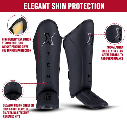 XTEN SPORTS Shin Guards Muay Thai, MMA, Gel Integrated Padding, Training Sparring, Boxing, Kickboxing, BJJ, Taekwondo Protective Gear, Matte Black, M