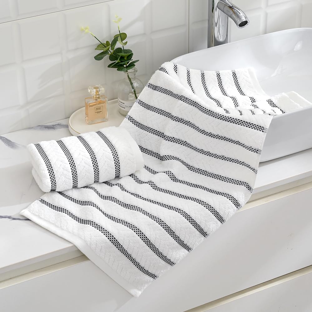 sense gnosis 100% Cotton White Hand Towel Set of 2 Thick Jacquard Ribbed Striped Soft Quick Dry and Absorbent Bathroom Decorative Hand Towel 13 x 29
