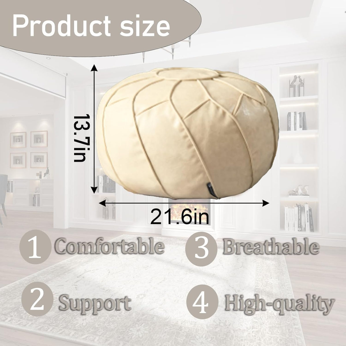 Louis Donné Round Pouffe Cover Unstuffed Handmade Waterproof Faux Leather Ottoman Cover Storage Footstool Seat for Living Room Bedroom Indoor Decor