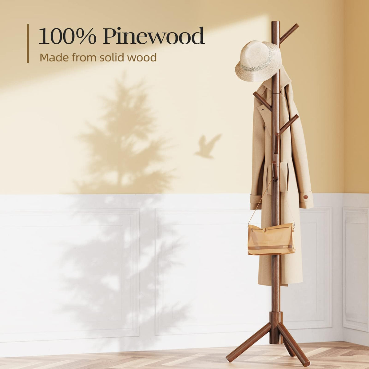 Pipishell Sturdy Wooden Coat Rack with 8 Hooks for Entryway, Brown