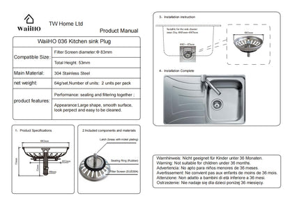 WaiiHO 036 Stainless Steel Kitchen Sink Strainer, 83mm Diameter, with Rubber Seal, 2 Pack