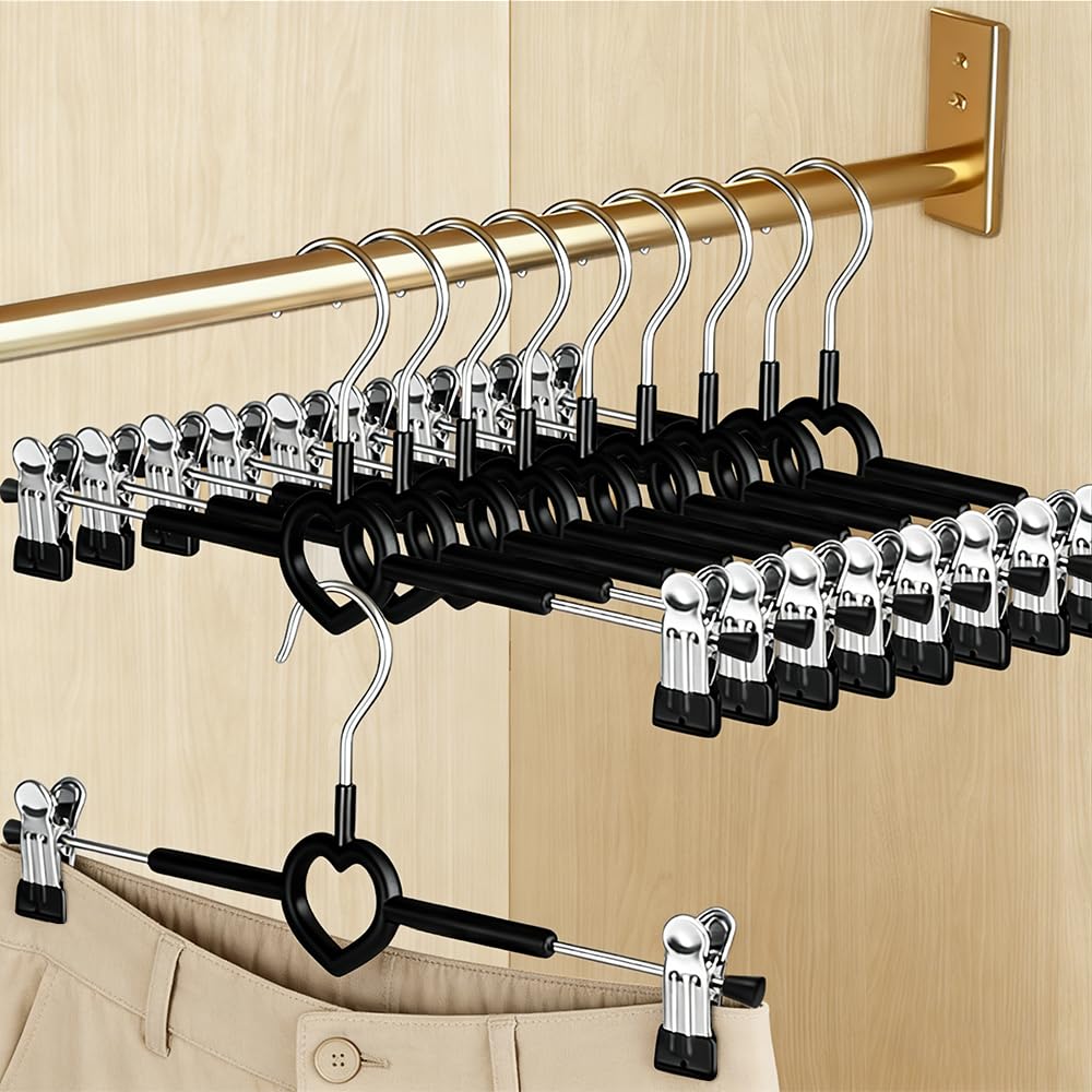 10 Pack Skirt Hangers with Adjustable Non-Slip Clips, 30cm Metal Trouser Hangers, Chrome Heavy Duty Clothes Hangers