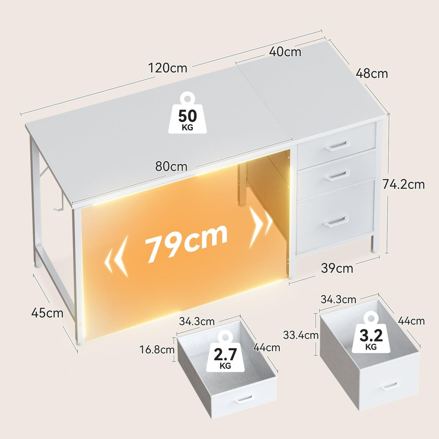 Coleshome Computer Desk with Drawers, 120cm Office Desk with Storage, White