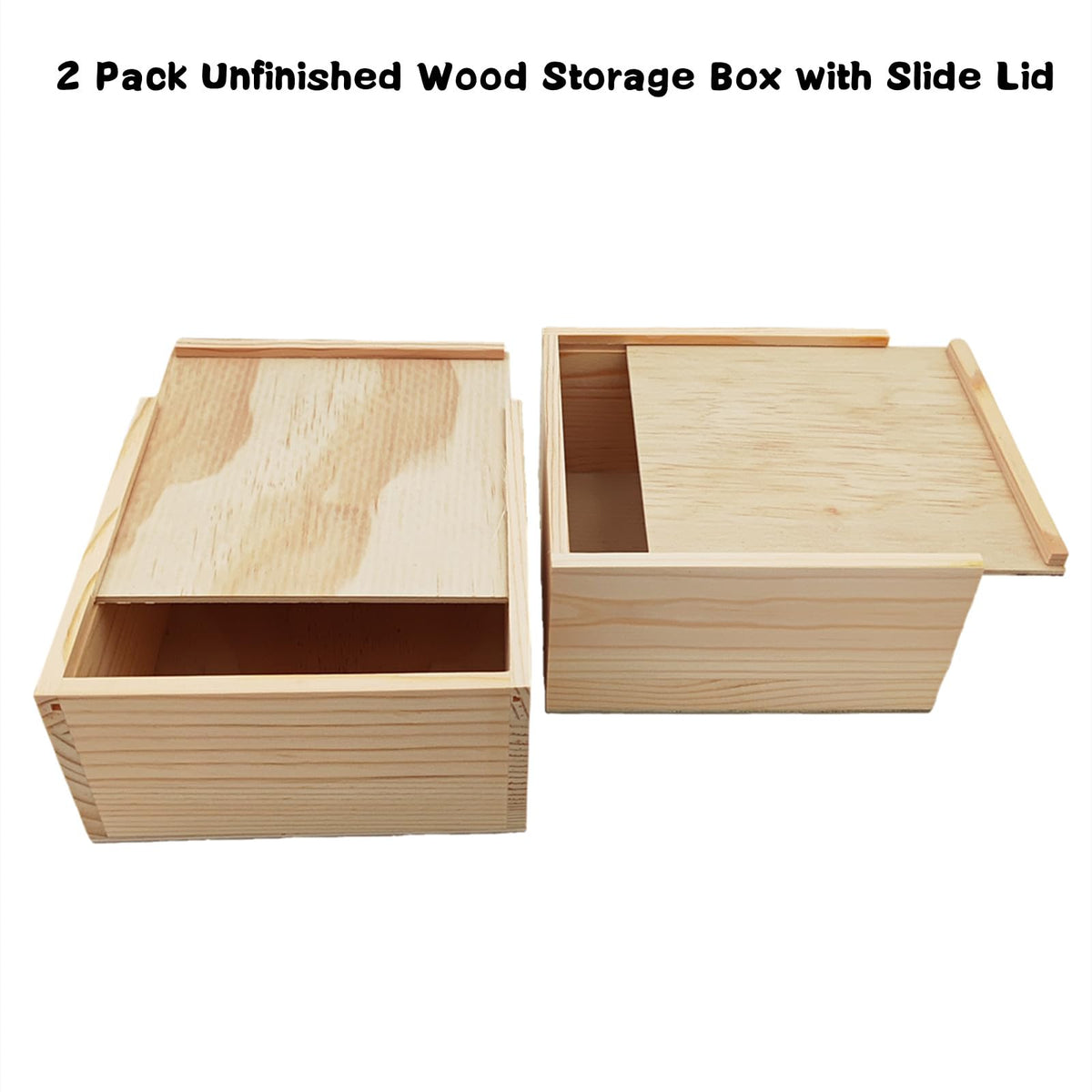Anktily 2 Pack Unfinished Wood Storage Box with Slide Lid, Blank Natural Wood Box Case Container for Jewellery, DIY Arts & Crafts Hobbies 15x15x8cm