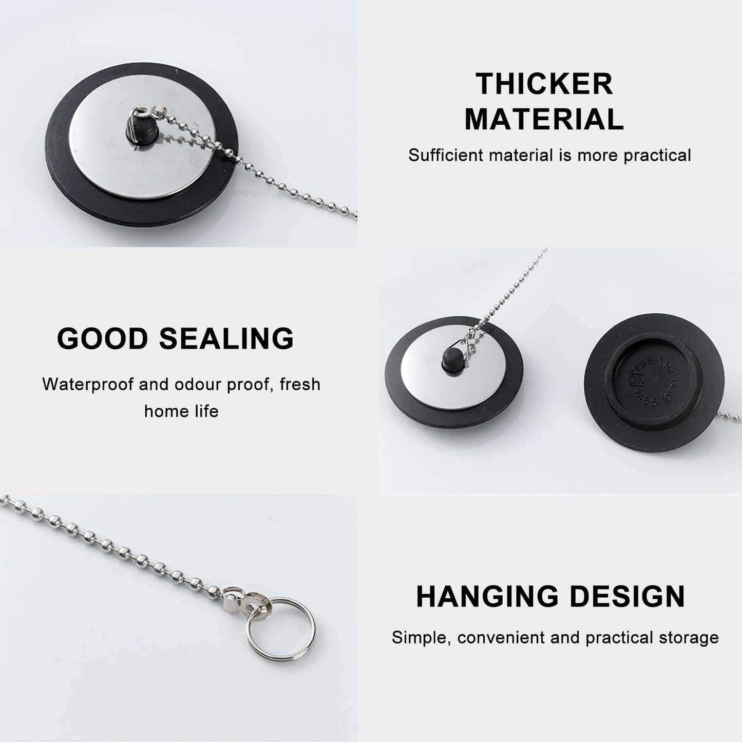 Universal bath plug with Stainless Steel Chain, bath plug replacement, Drain Stopper for Bathroom and Kitchen, bath plug and chain