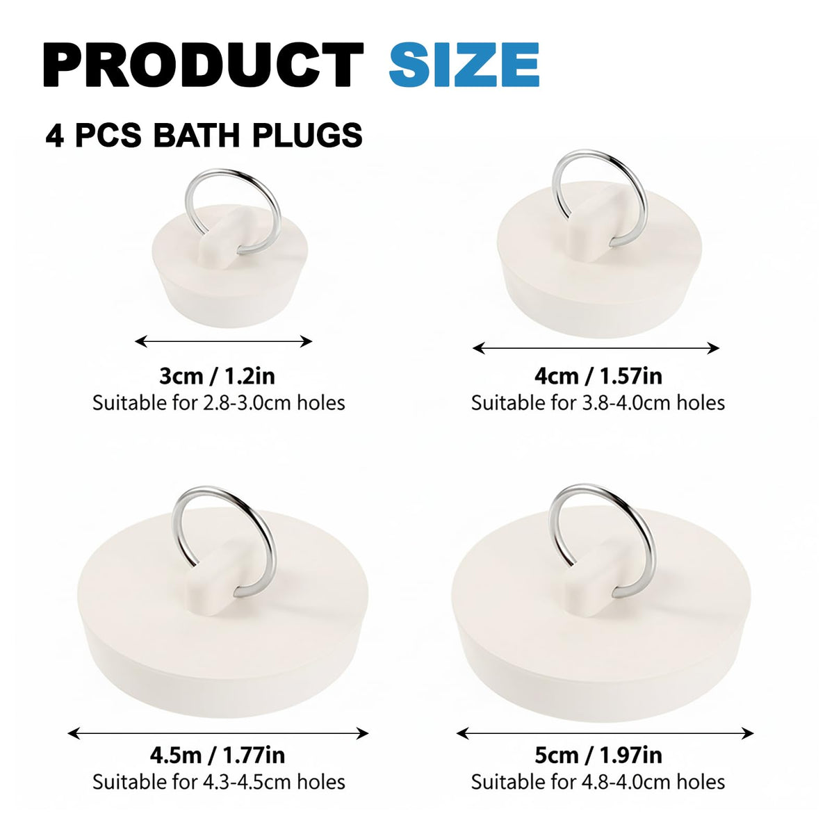 4 Universal Rubber Bath Plugs and Sink Plugs with Rings, Assorted Sizes
