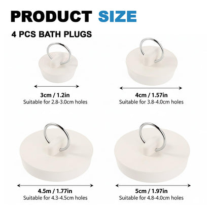 4 Universal Rubber Bath Plugs and Sink Plugs with Rings, Assorted Sizes